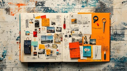 Layered cross section view showcasing the personalized contents of a handcrafted scrapbook including pasted photographs stickers