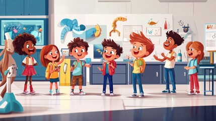children on field trip illustrations, excited kids exploring a science museum, full of curiosity and discovery