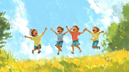 children laughing illustrations, children laughing joyfully under a bright blue sky in a park