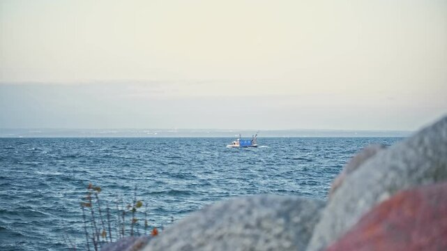 Purse Sein Fishing Boat Cutter Going to Fishing Grounds on Windy Day and Rough Seas
