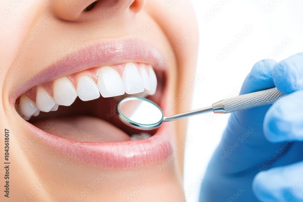 Wall mural close-up of a smiling woman at a dental check-up, showcasing healthy teeth and dental tools, white i