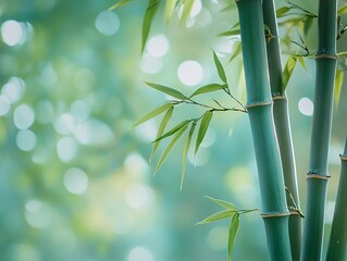 A serene close-up of green bamboo stalks, showcasing vibrant leaves against a soft, blurred...