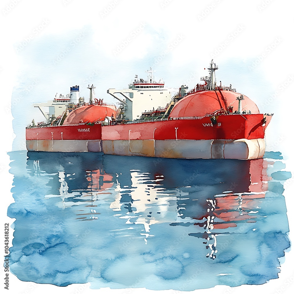 Canvas Prints Watercolor illustration of a red and white tanker ship on the water.