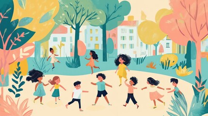Fototapeta premium children in park illustrations, diverse children playing tag and having fun together in a colorful park