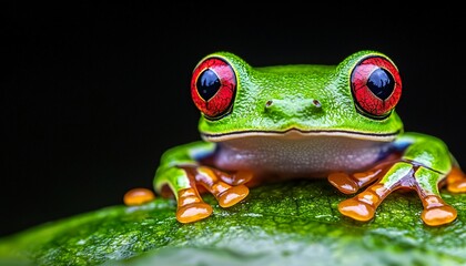Close-Up of Colorful Red-Eyed Tree Frog Clinging to Wet Leaf in Vibrant Display of Nature's Beauty
