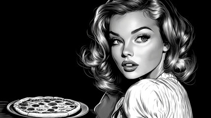 Vintage Pin-up Waitress in Classic Uniform Serving Pizza