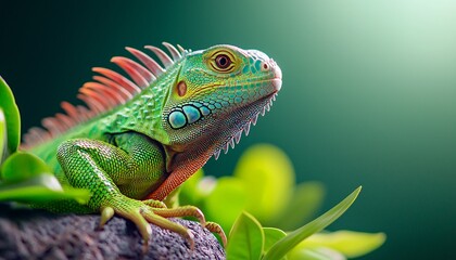 Fototapeta premium Majestic Green Iguana Sunbathing on Rock Amid Tropical Foliage, Close-up Shot