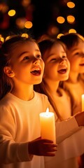 Fototapeta premium Children joyfully singing with candles in festive, warm atmosphere.