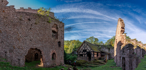 Ottrott Castles, France - 09 07 2024: View inside the Rathsamhausen Castle courtyard.