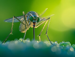 Fototapeta premium Close-up of a mosquito in a natural environment, focusing on its intricate features against a soft, green blurred background.