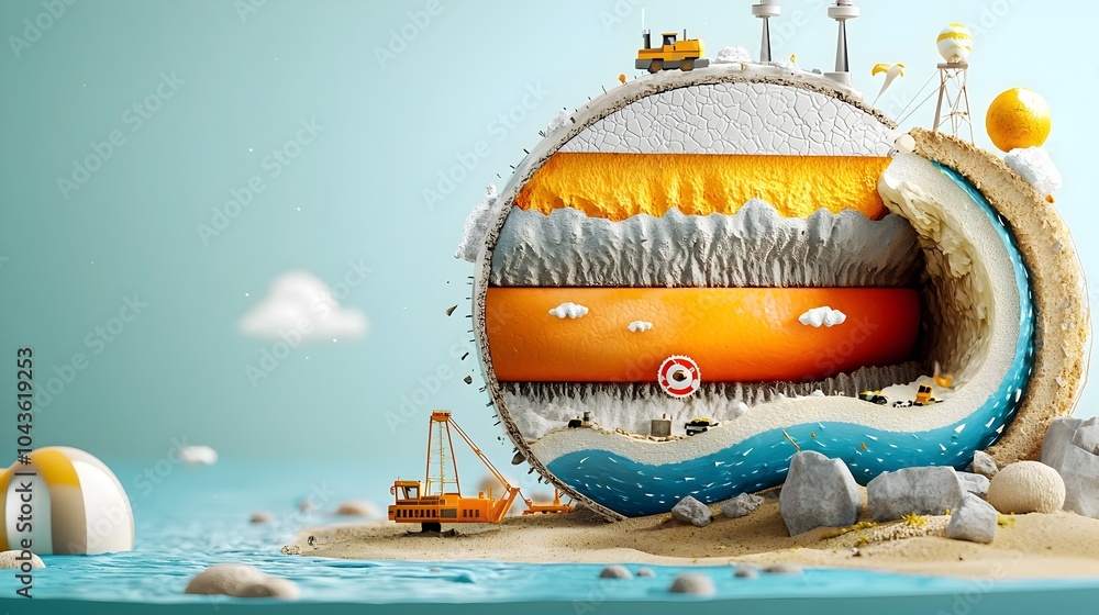 Poster Stylized Cross section of a Planet Earth Model Showing the Core Layers Tectonic Plates and Ocean Levels in a Detailed Geological Visualization