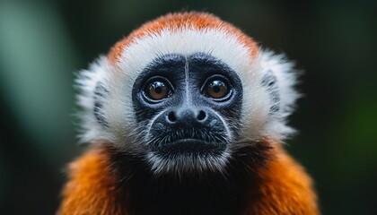 Fototapeta premium Agile Tamarin Monkey Foraging for Fruit in Vibrant Jungle - Dynamic Medium Shot of Primate in Action
