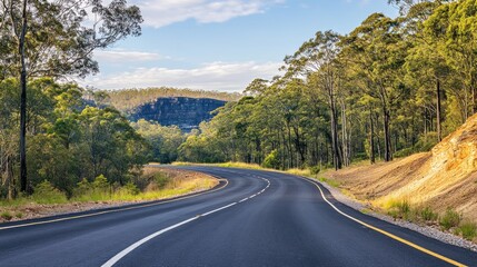 Fototapeta premium A winding road surrounded by lush greenery and hills under a clear sky.