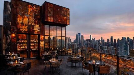 Trendy Rooftop Bar Offering Panoramic Views of the City Skyline With Patrons Enjoying Cocktails Appetizers and Lively Conversations Under the Glimmering Lights at Night