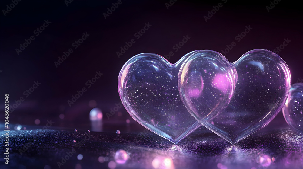 Poster floating transparent hearts with soft glow on dark background