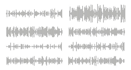 Equalizer symbols model. Voice message templates. Audio chat speech sound wave icon. Minimalist elements for mobile messenger, podcast online radio interface, music player, app. Waveform patterns set.