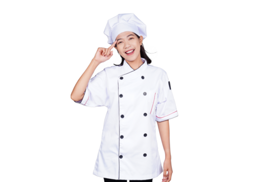 Portrait asian woman chef in uniform smiling isolated transparent
