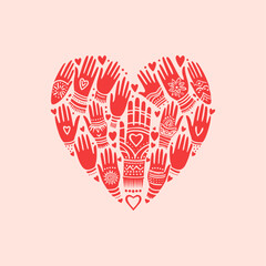 A heart shape made of multiple red hands, each hand adorned with intricate henna designs on soft pink background. The design is minimalistic yet detailed, capturing the essence of unity in love and un