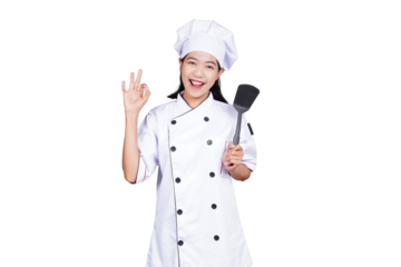 Portrait asian woman chef in uniform smiling isolated transparent