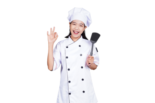 Portrait asian woman chef in uniform smiling isolated transparent