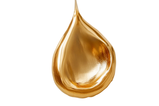 Golden Drop Falling Against White Background