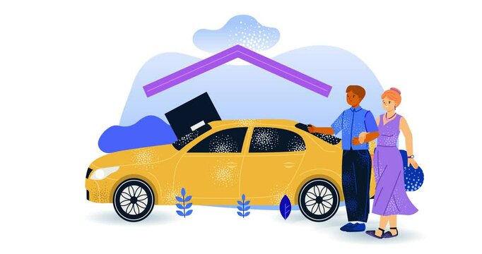 Auto insurance. Moving banner with happy married couple buying or renting vehicle and signing full coverage insurance policy to protect car. Automobile safety. Cartoon flat animated graphics