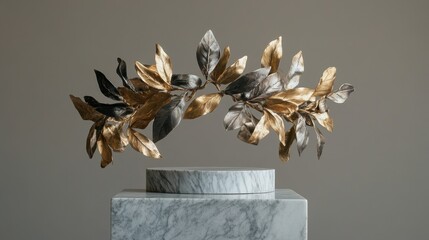 Fototapeta premium Silver and gold leaves woven into a delicate crown, resting on a marble pedestal.
