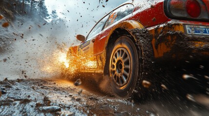 A vibrant rally car speeds through a muddy forest path, kicking up a cloud of dirt and debris as it navigates the challenging terrain, showcasing skill and excitement.