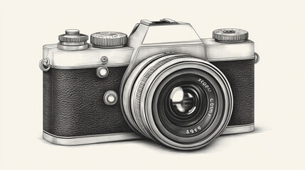 Vintage Sketch Engraving of Old Photo Camera - Vector Illustration