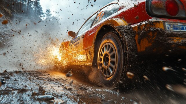 A vibrant rally car speeds through a muddy forest path, kicking up a cloud of dirt and debris as it navigates the challenging terrain, showcasing skill and excitement.