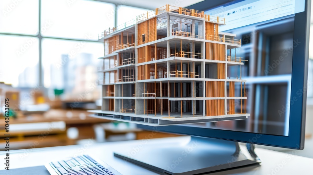 Poster d building model on computer screen architecture design construction visualization