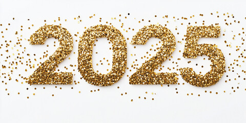 number "2025" made of golden shiny particles on a white isolated background