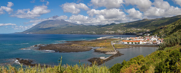 Panoramic view of Fishing village Lajes do Pico with Volcano Mount Pico in background, Pico Island - Azores