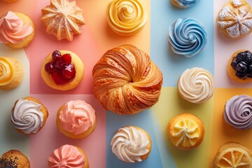 Fototapeta premium Colorful array of delightful desserts. Whimsical cupcakes and sweet pastries showcase vibrant colors. Perfect for food lovers and party planners. Generative AI