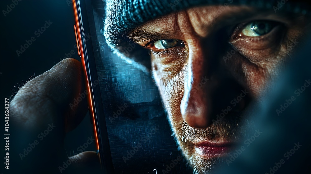 Aufkleber A thief s face is reflected on a phone screen that shows a Secure Transaction message hinting at a potential cybersecurity breach or financial fraud attempt