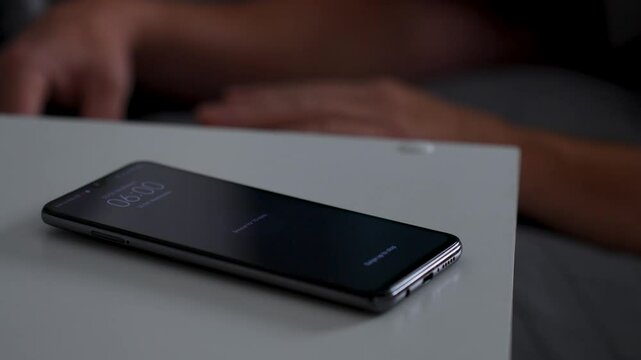 Man waking up, turning off alarm clock to snooze mode on smartphone screen. Sleepy man touching phone with alarm at 6 o'clock morning
