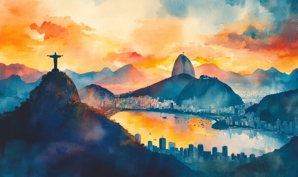 Watercolor RIO DE JANEIRO , Brazil Aerial view of Christ Redeemer and Corcovado Mountain.