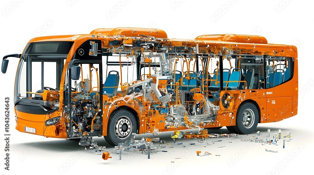 Poster detailed cross section diagram of a public bus revealing the intricate interior layouts passenger se