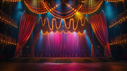 vibrant circus stage with colorful drapes and bright lights creates enchanting atmosphere. grand podium is set for captivating performance, evoking excitement and wonder