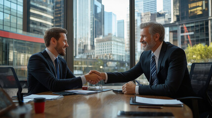 Two executives engaging in a strong handshake over a conference table, with a backdrop of city skyline through large windows.