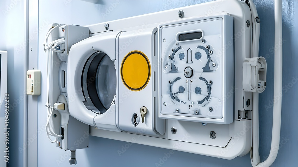 Poster wall mounted x ray access control system with safety warning sign and key slot for restricted entry 