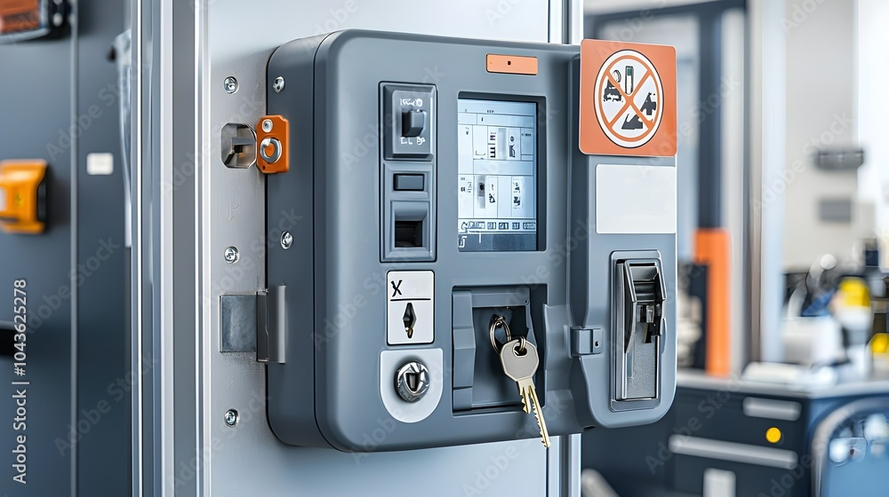 Poster wall mounted x ray access control system with safety sign and key slot for restricted areas and secu