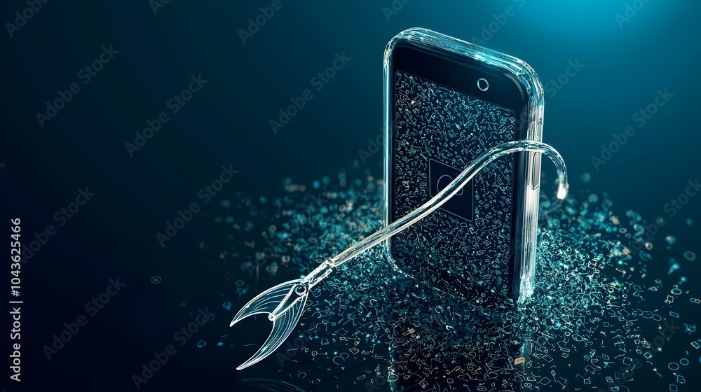 Poster A clear fishhook piercing through a phone icon symbolizing the cybersecurity risks and dangers of phishing attacks targeting digital communication devices and online users