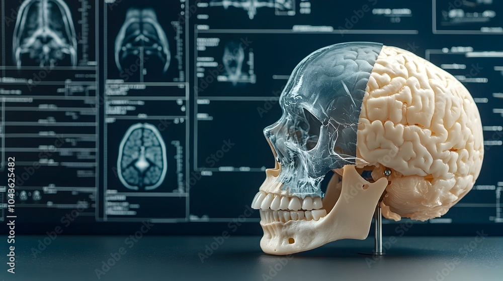 Poster a detailed blended image showcasing an x ray of a human skull overlaid on a 3d model of a skull set 