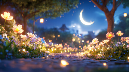 Obraz premium serene garden path adorned with glowing flowers under crescent moon