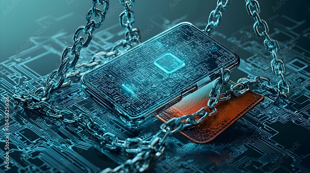 Poster A holographic call notification transforming into chains that trap and restrain a digital wallet symbolizing the cybersecurity and data control challenges in the modern digital landscape