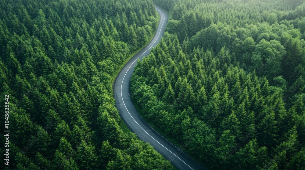 Poster a winding road through a forest with trees on both sides
