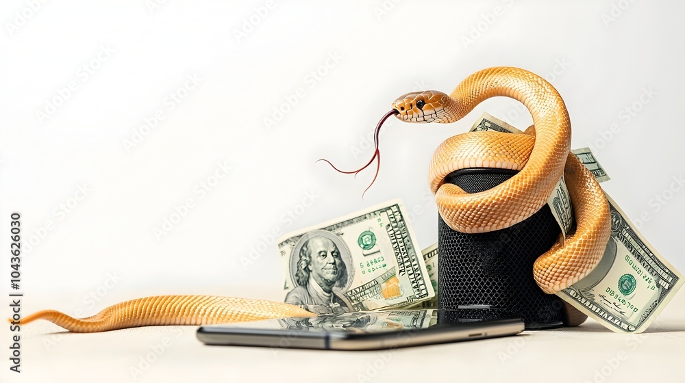 Poster a surreal digital depicting a smartphone with a snake slithering out of the speaker wrapping around 
