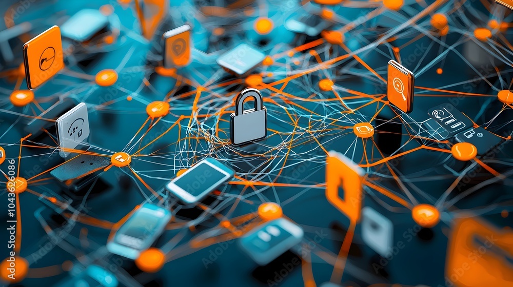 Aufkleber A tangled web of fake digital messages and phone icons entwined around a lock symbol representing the complex issues of communication data security