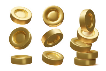 3d gold coins set and minimal realistic money stack. Three dimensional vector illustration isolated on white background.